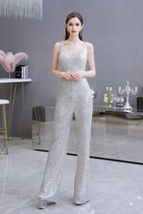 Looking for Prom Dresses, Evening Dresses, Homecoming Dresses, Quinceanera dresses in Sequined,  style,  and Gorgeous Sequined work? stylesnuggle has all covered on this elegant Chic Shining V-neck Silver Sequin Sleeveless Prom Jumpsuit.