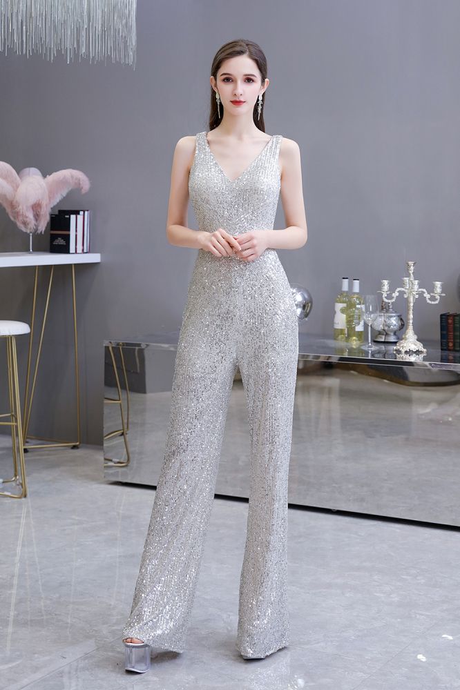 Looking for Prom Dresses, Evening Dresses, Homecoming Dresses, Quinceanera dresses in Sequined,  style,  and Gorgeous Sequined work? stylesnuggle has all covered on this elegant Chic Shining V-neck Silver Sequin Sleeveless Prom Jumpsuit.