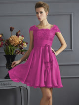 A-Line Charming Scoop Short Sleeves Lace Short Chiffon Bridesmaid Dresses