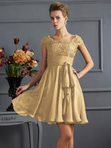 A-Line Charming Scoop Short Sleeves Lace Short Chiffon Bridesmaid Dresses