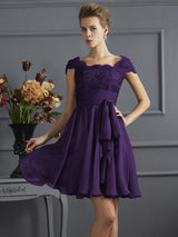 A-Line Charming Scoop Short Sleeves Lace Short Chiffon Bridesmaid Dresses