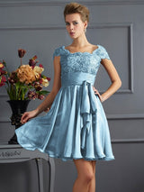 A-Line Charming Scoop Short Sleeves Lace Short Chiffon Bridesmaid Dresses