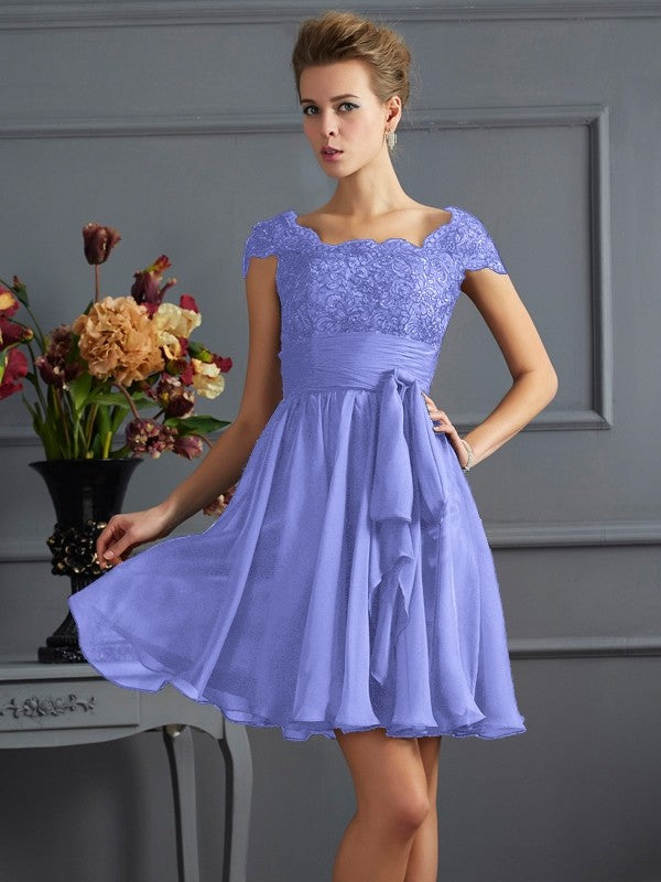 A-Line Charming Scoop Short Sleeves Lace Short Chiffon Bridesmaid Dresses