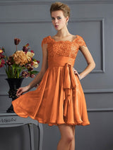 A-Line Charming Scoop Short Sleeves Lace Short Chiffon Bridesmaid Dresses