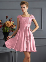 A-Line Charming Scoop Short Sleeves Lace Short Chiffon Bridesmaid Dresses