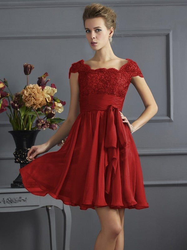 A-Line Charming Scoop Short Sleeves Lace Short Chiffon Bridesmaid Dresses