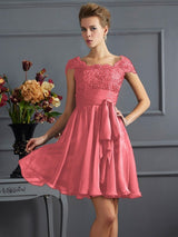 A-Line Charming Scoop Short Sleeves Lace Short Chiffon Bridesmaid Dresses