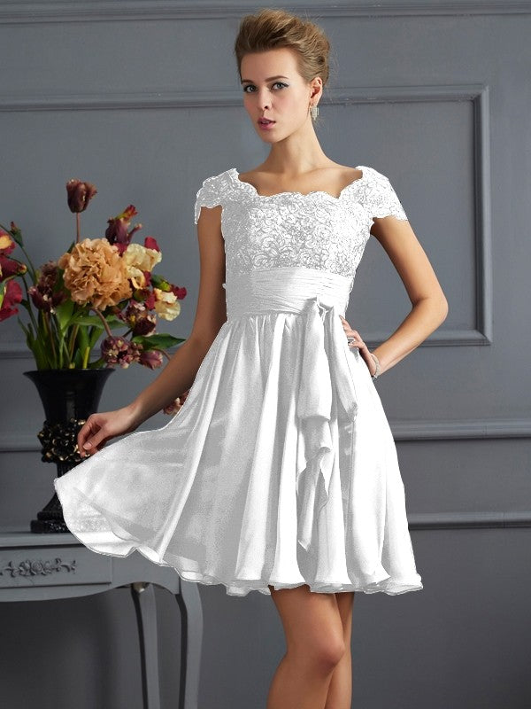 A-Line Charming Scoop Short Sleeves Lace Short Chiffon Bridesmaid Dresses