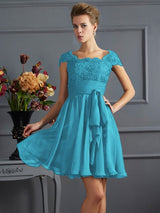 A-Line Charming Scoop Short Sleeves Lace Short Chiffon Bridesmaid Dresses