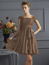 A-Line Charming Scoop Short Sleeves Lace Short Chiffon Bridesmaid Dresses