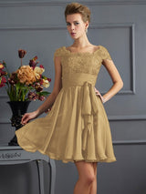 A-Line Charming Scoop Short Sleeves Lace Short Chiffon Bridesmaid Dresses