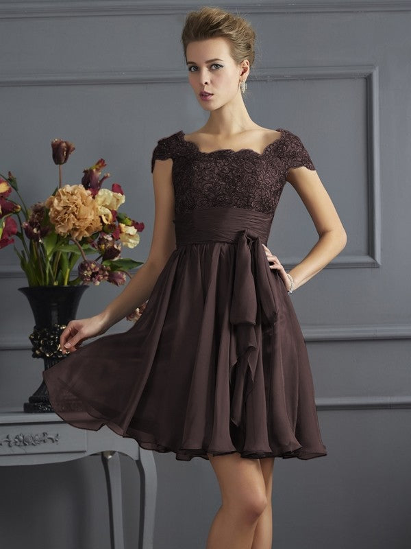 A-Line Charming Scoop Short Sleeves Lace Short Chiffon Bridesmaid Dresses