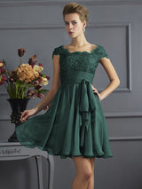 A-Line Charming Scoop Short Sleeves Lace Short Chiffon Bridesmaid Dresses