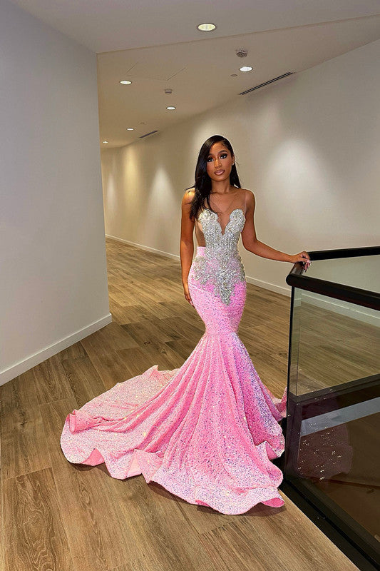 Chic Sleeveless Mermaid Sequins Prom Dresses With Ruffles Long-stylesnuggle