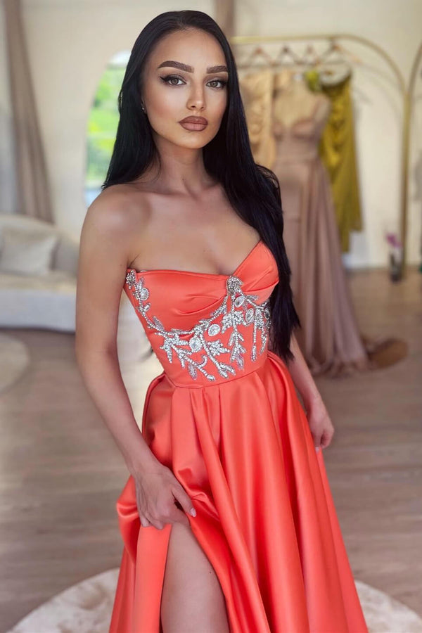 Chic Sleeveless Orange A-Line Prom Dress Slit Long With Beads-stylesnuggle