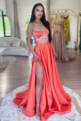 Chic Sleeveless Orange A-Line Prom Dress Slit Long With Beads-stylesnuggle