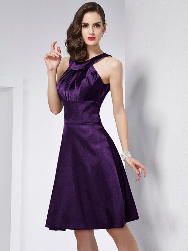 A-Line Charming Scoop Sleeveless Pleats Short Elastic Woven Satin Bridesmaid Dresses