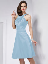 A-Line Charming Scoop Sleeveless Pleats Short Elastic Woven Satin Bridesmaid Dresses