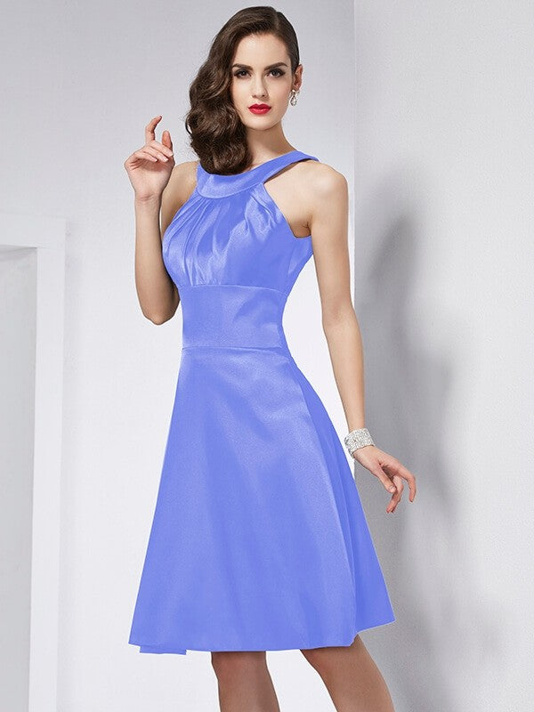 A-Line Charming Scoop Sleeveless Pleats Short Elastic Woven Satin Bridesmaid Dresses