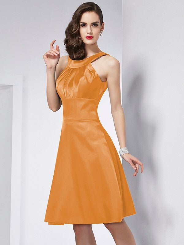 A-Line Charming Scoop Sleeveless Pleats Short Elastic Woven Satin Bridesmaid Dresses