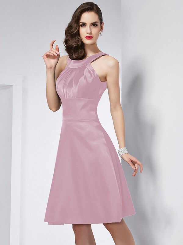 A-Line Charming Scoop Sleeveless Pleats Short Elastic Woven Satin Bridesmaid Dresses