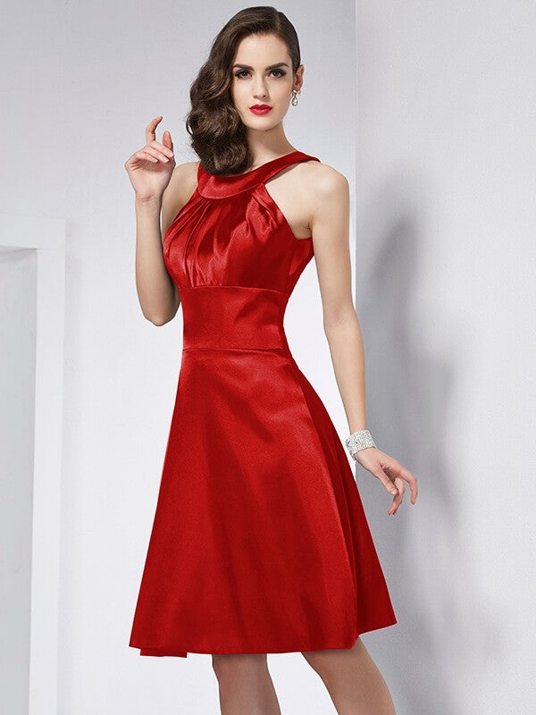 A-Line Charming Scoop Sleeveless Pleats Short Elastic Woven Satin Bridesmaid Dresses