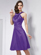 A-Line Charming Scoop Sleeveless Pleats Short Elastic Woven Satin Bridesmaid Dresses