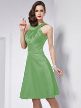 A-Line Charming Scoop Sleeveless Pleats Short Elastic Woven Satin Bridesmaid Dresses