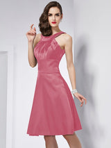 A-Line Charming Scoop Sleeveless Pleats Short Elastic Woven Satin Bridesmaid Dresses