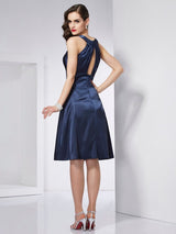 A-Line Charming Scoop Sleeveless Pleats Short Elastic Woven Satin Bridesmaid Dresses