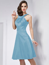 A-Line Charming Scoop Sleeveless Pleats Short Elastic Woven Satin Bridesmaid Dresses