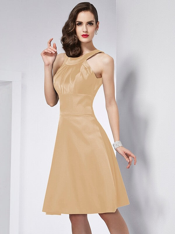 A-Line Charming Scoop Sleeveless Pleats Short Elastic Woven Satin Bridesmaid Dresses