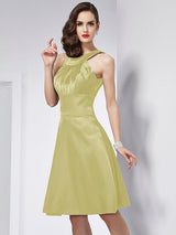 A-Line Charming Scoop Sleeveless Pleats Short Elastic Woven Satin Bridesmaid Dresses