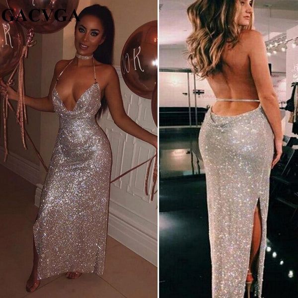 Chic Slit Backless Sparkle Evening Dresses Silver Sequins Halter V-neck Open Back Formal Dress-stylesnuggle