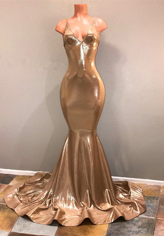 stylesnuggle offers Slim  Chic Spaghetti Strap Gold Prom Dress,  Sleeveless Prom Party Gowns at a good price from Stretch Satin to Mermaid Floor-length hem. Gorgeous yet affordable Sleeveless Prom Dresses, Evening Dresses.