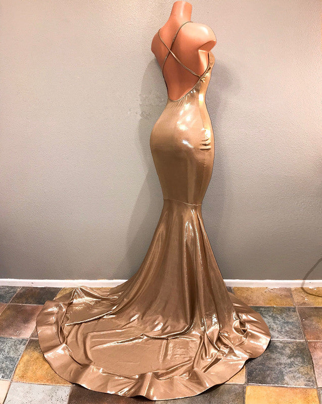 stylesnuggle offers Slim  Chic Spaghetti Strap Gold Prom Dress,  Sleeveless Prom Party Gowns at a good price from Stretch Satin to Mermaid Floor-length hem. Gorgeous yet affordable Sleeveless Prom Dresses, Evening Dresses.