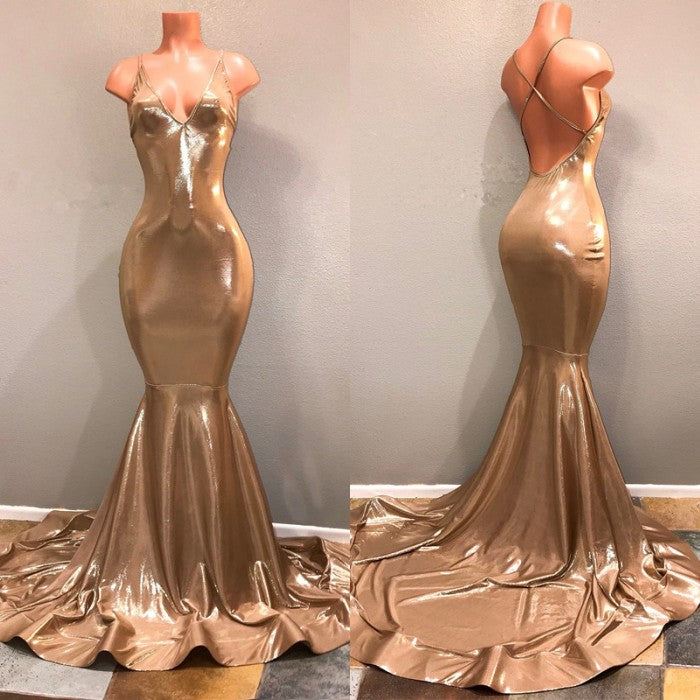 stylesnuggle offers Slim  Chic Spaghetti Strap Gold Prom Dress,  Sleeveless Prom Party Gowns at a good price from Stretch Satin to Mermaid Floor-length hem. Gorgeous yet affordable Sleeveless Prom Dresses, Evening Dresses.