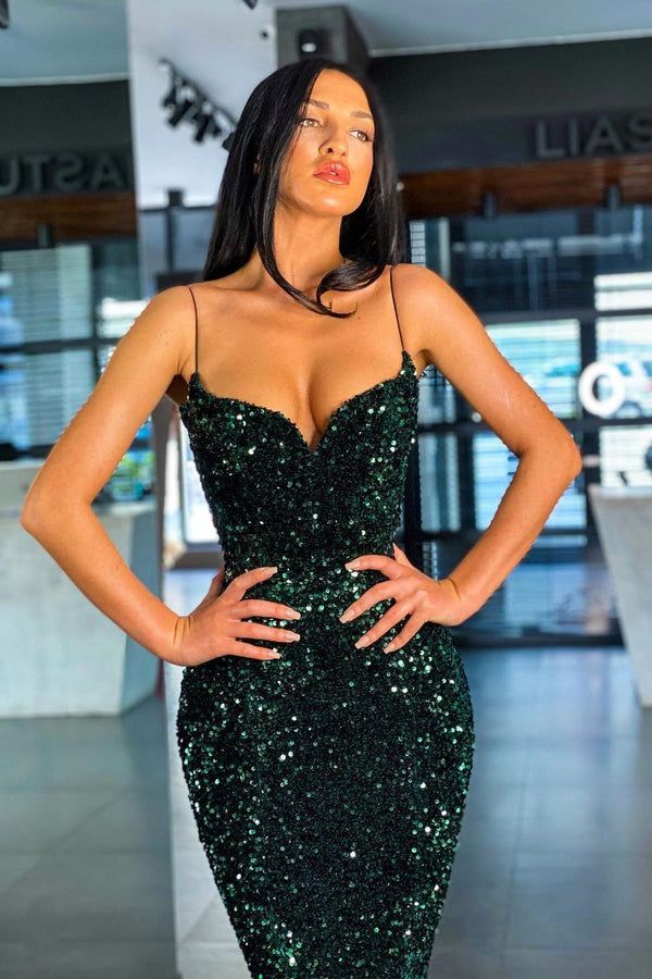 Chic Spaghetti-Straps Green Sequins Prom Dress Mermaid Long Party Gowns-stylesnuggle