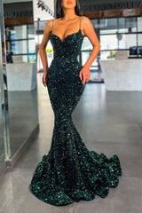 Chic Spaghetti-Straps Green Sequins Prom Dress Mermaid Long Party Gowns-stylesnuggle