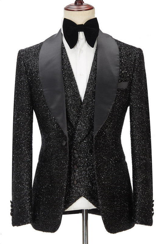 Chic Sparkly Black Three Pieces Shawl Lapel Bespoke Wedding Suit for Men