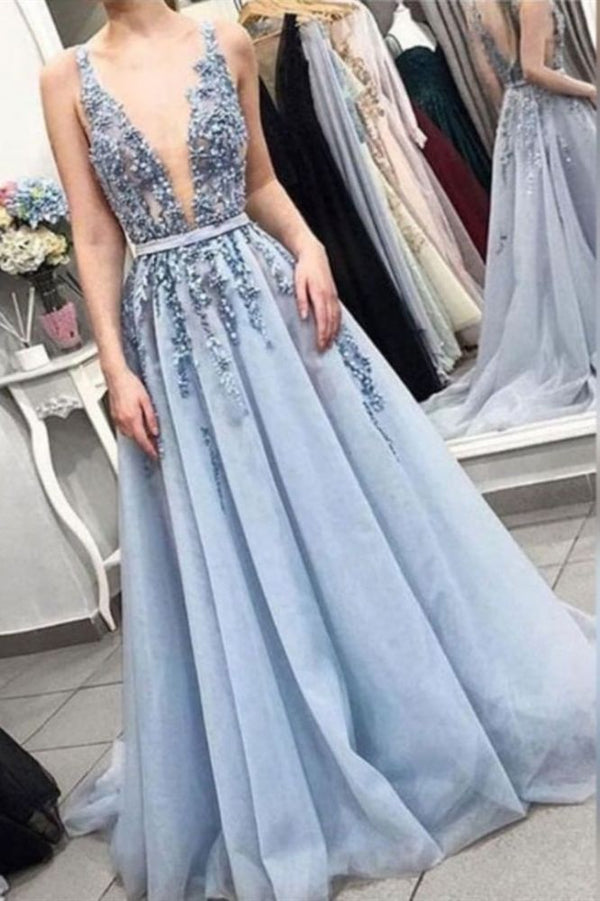 Find your dream wonderful Straps Deep V-neck Long Prom Party Gowns| Exquisite Lace Beading Blue Prom Gown at stylesnuggle,  30 colors & all sizes available,  free delivery worldwide.