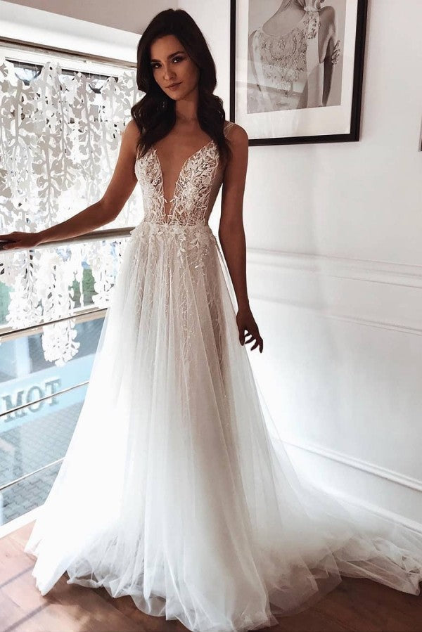 stylesnuggle offers Chic Tulle A-line Ivory Lace V-neck Summer Beach Wedding Dress at factory price from White,Ivory,Champagne,Black, Tulle,Lace to A-line hem. All sold at reasonable price