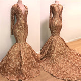 Wanna Prom Dresses, Real Model Series in Mermaid style,  and delicate Appliques work? stylesnuggle has all covered on this elegant Chic V-neck Elegant Long Sleeves Gold Sparkle Appliques Prom Party Gowns| Fit and Flare Flowers Real Prom Party Gowns.