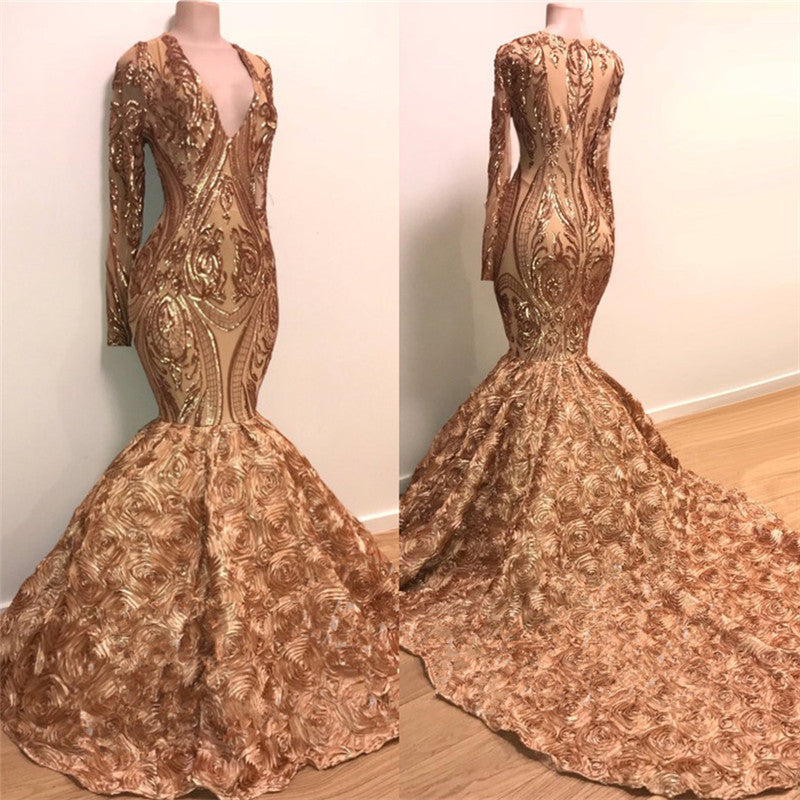 Wanna Prom Dresses, Real Model Series in Mermaid style,  and delicate Appliques work? stylesnuggle has all covered on this elegant Chic V-neck Elegant Long Sleeves Gold Sparkle Appliques Prom Party Gowns| Fit and Flare Flowers Real Prom Party Gowns.