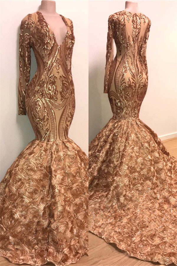 Wanna Prom Dresses, Real Model Series in Mermaid style,  and delicate Appliques work? stylesnuggle has all covered on this elegant Chic V-neck Elegant Long Sleeves Gold Sparkle Appliques Prom Party Gowns| Fit and Flare Flowers Real Prom Party Gowns.