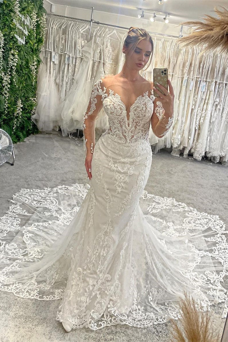 Chic V-Neck Long Sleeves Mermaid Lace Wedding Dress-stylesnuggle