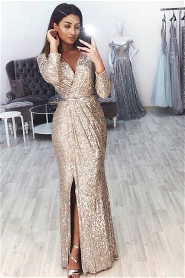 Different styles of V-Neck Long Sleevess Front Slipt Mermaid Prom Party Gowns are available at stylesnuggle. Custom made prom dresses in multiple colors & all sizes,  free delivery worldwide.