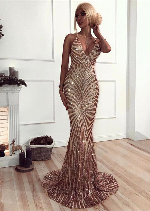 Find the Chic V-Neck Mermaid Prom Party Gowns| Sequins Long Evening Dress with lowest price and top quality at stylesnuggle,  free shipping & free customizing,  check out today.