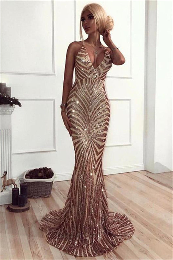 Chic V-Neck Mermaid Prom Party Gowns| Sequins Long Evening Dress-stylesnuggle