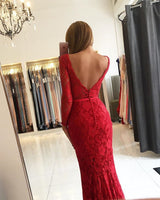 Wanna Prom Dresses, Evening Dresses in Mermaid style,  and delicate Lace work? stylesnuggle has all covered on this elegant Chic V-neck Open Back Scarlet Lace Evening Dresses Elegant Long Sleeves Fit and Flare Wholesale Prom Dresses yet cheap price.